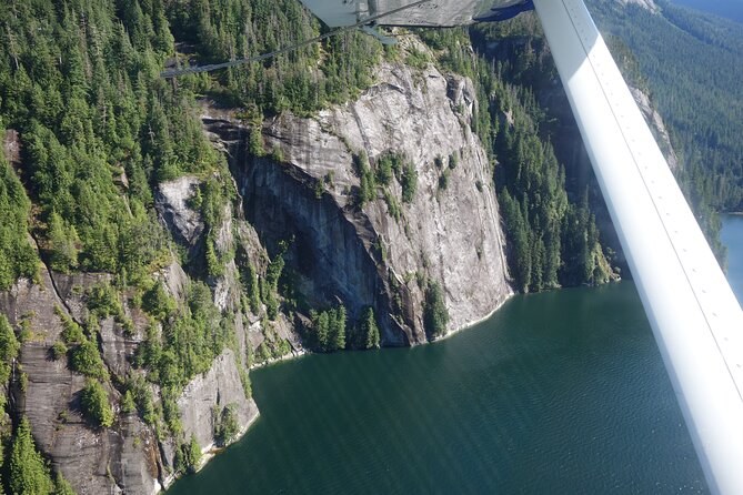 A granite cliff dropping into dark water, seen past a floatplane's wing strut